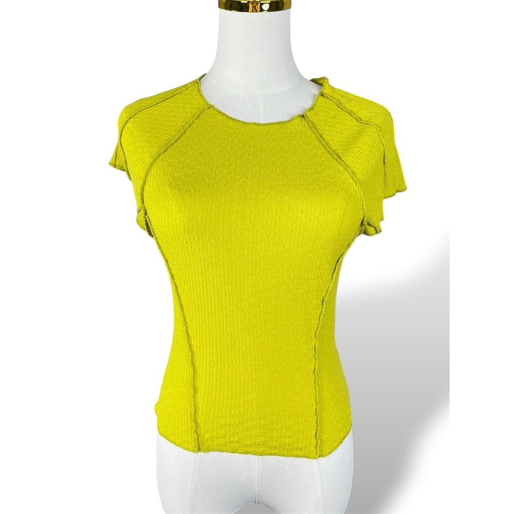 Urban Outfitters Lime Green Ribbed Pointelle Exposed Seam Top Short Sleeve L